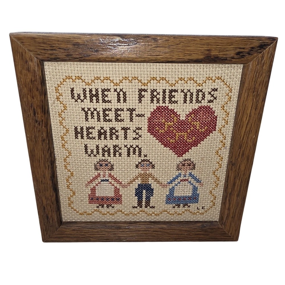 Handmade Completed Cross Stitch Friendship Plaque Small Framed Wood Wall Decor